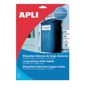 Lipnios etiketės APLI 210 x 297 mm, atsparios aplinkai, 20 l., balta sp.