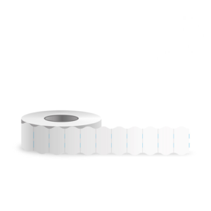 Kainų etiketės 22 mm x 12 mm, baltos spalvos, banguotos